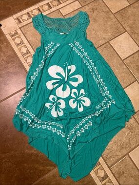 Swim cover Teal Floral Crochet Yoke Handkerchief Hem